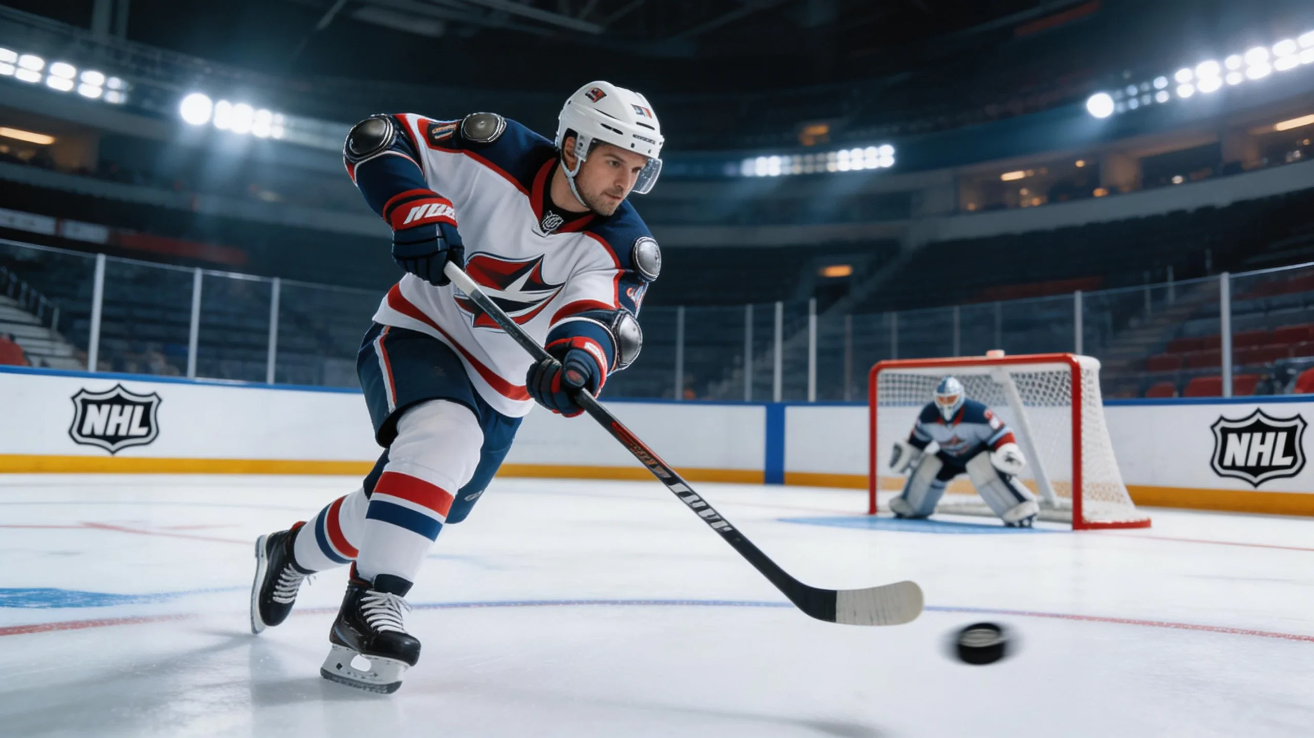 NHL-pelaaja laukaisee kiekon kohti maalia jääkaukalossa