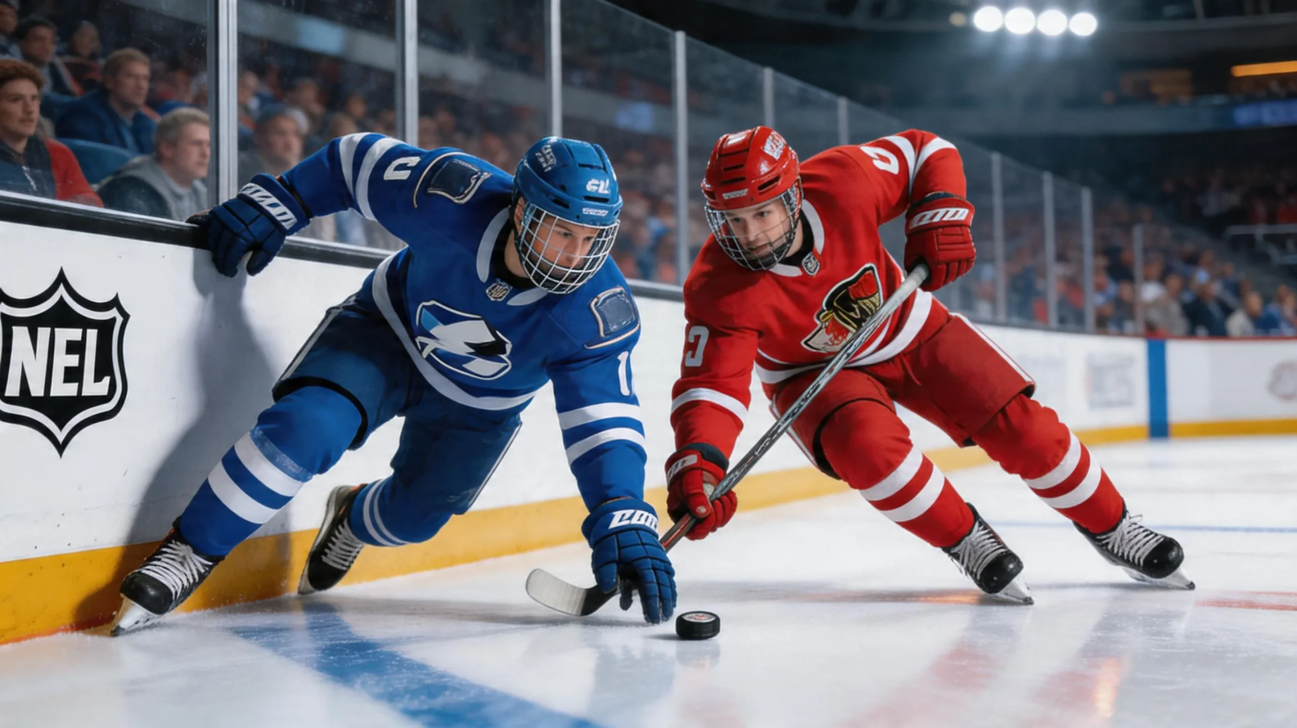 NHL-pelaajat taistelevat kiekosta jääkaukalon laidalla