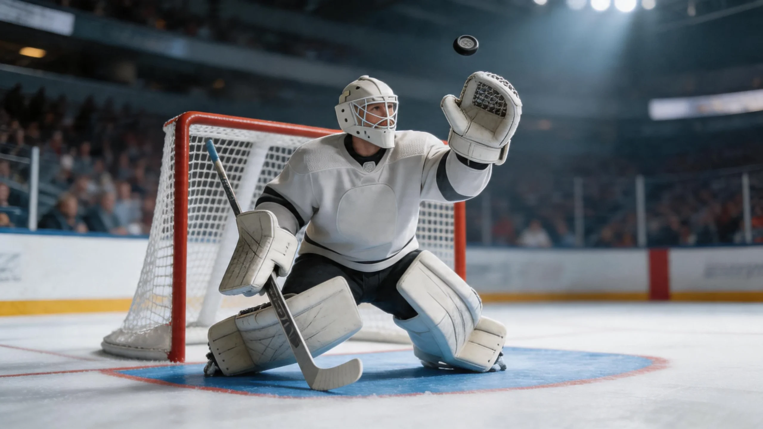 NHL-maalivahti varustuksessa maalin edessä torjumassa laukausta