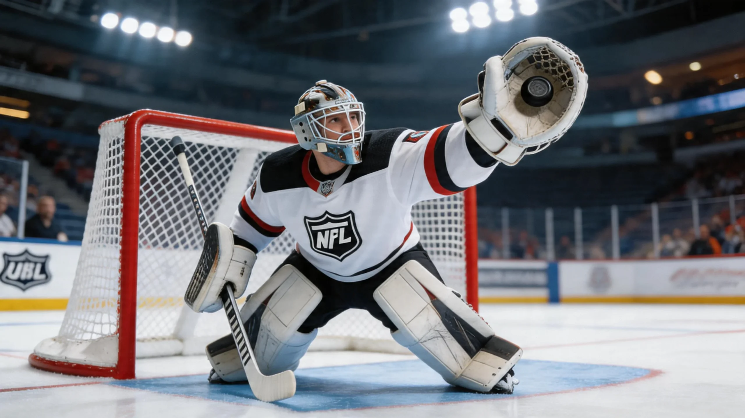 NHL-maalivahti torjuu kiekon jääkaukalon maalilla