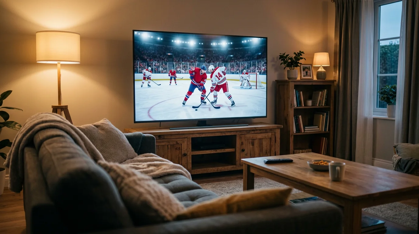 Jääkiekkopeli suurella television ruudulla olohuoneessa