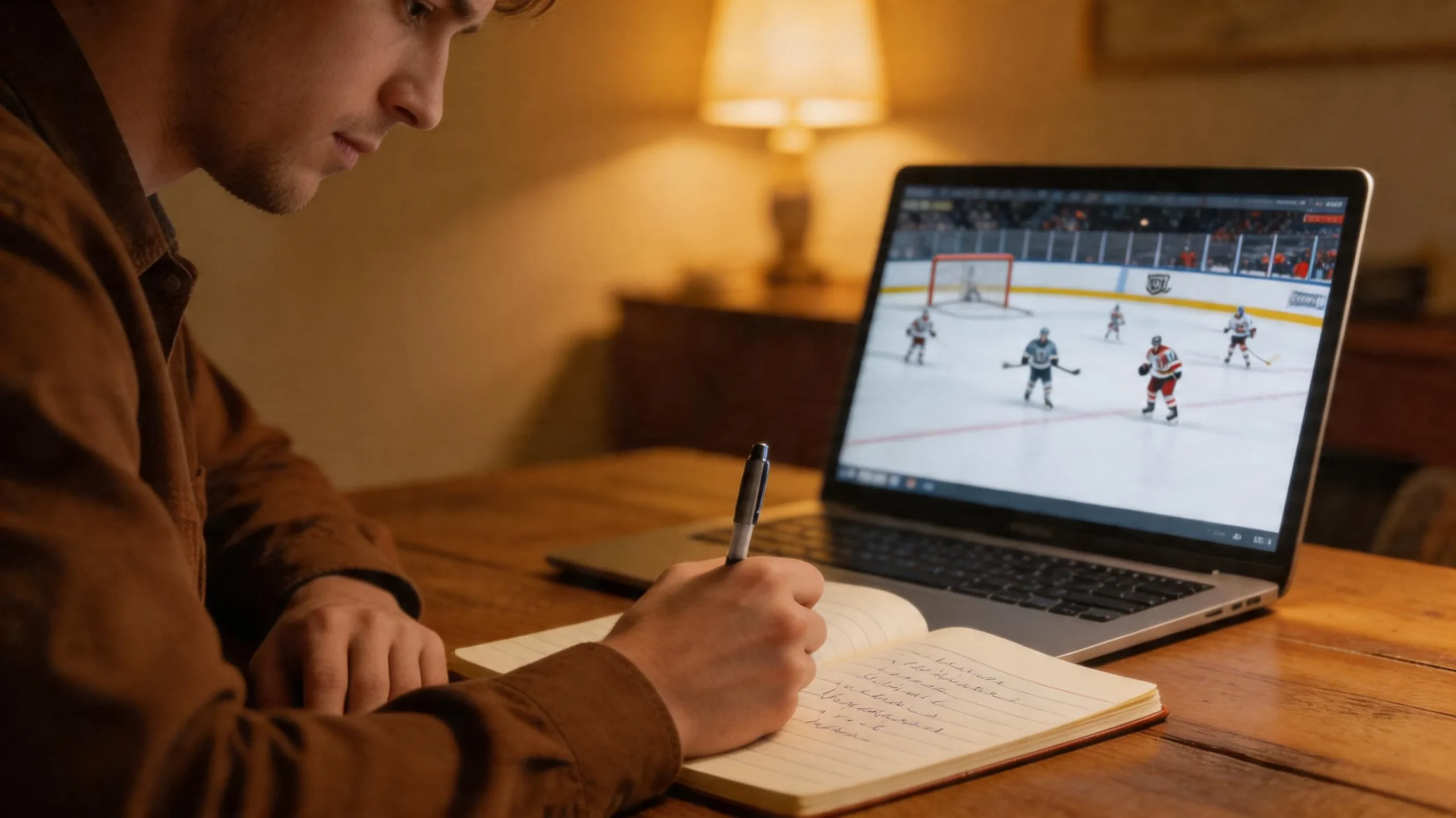 Vedonlyöjä kirjaa muistiinpanoja NHL-pelin aikana