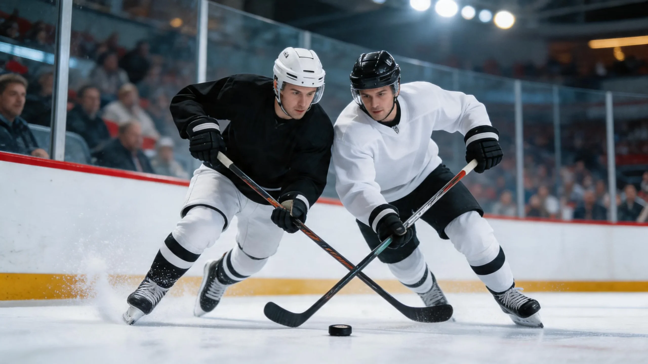 NHL-pelaajat kamppailemassa kiekosta kaukalon laidalla