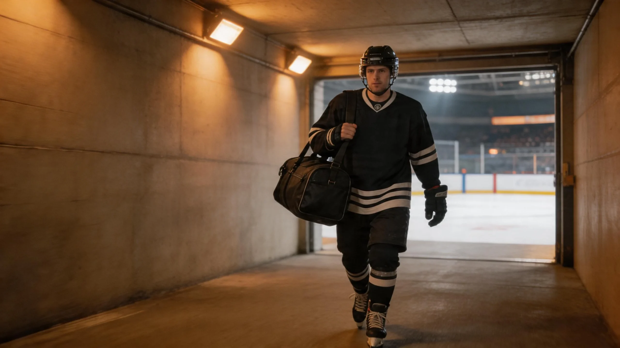 Jääkiekkoilija matkalaukku mukanaan saapuu uuteen jäähalliin