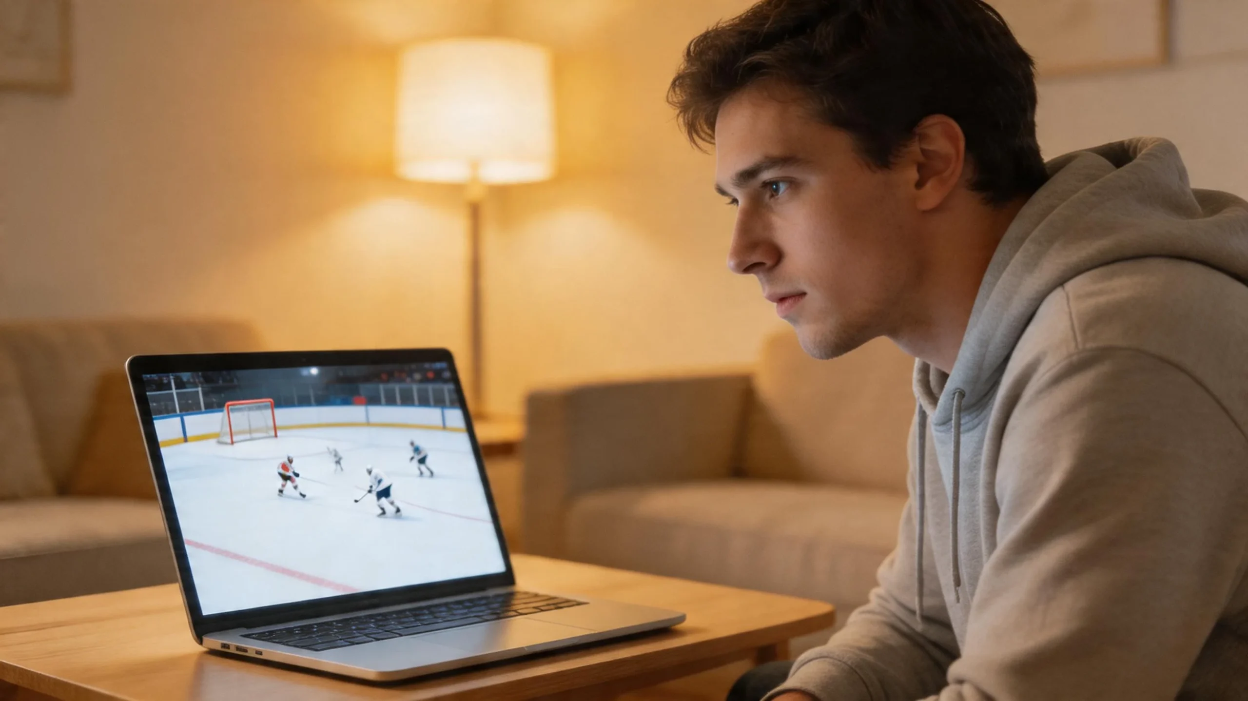 Nuori henkilö katsomassa NHL-ottelua kannettavan tietokoneen äärellä