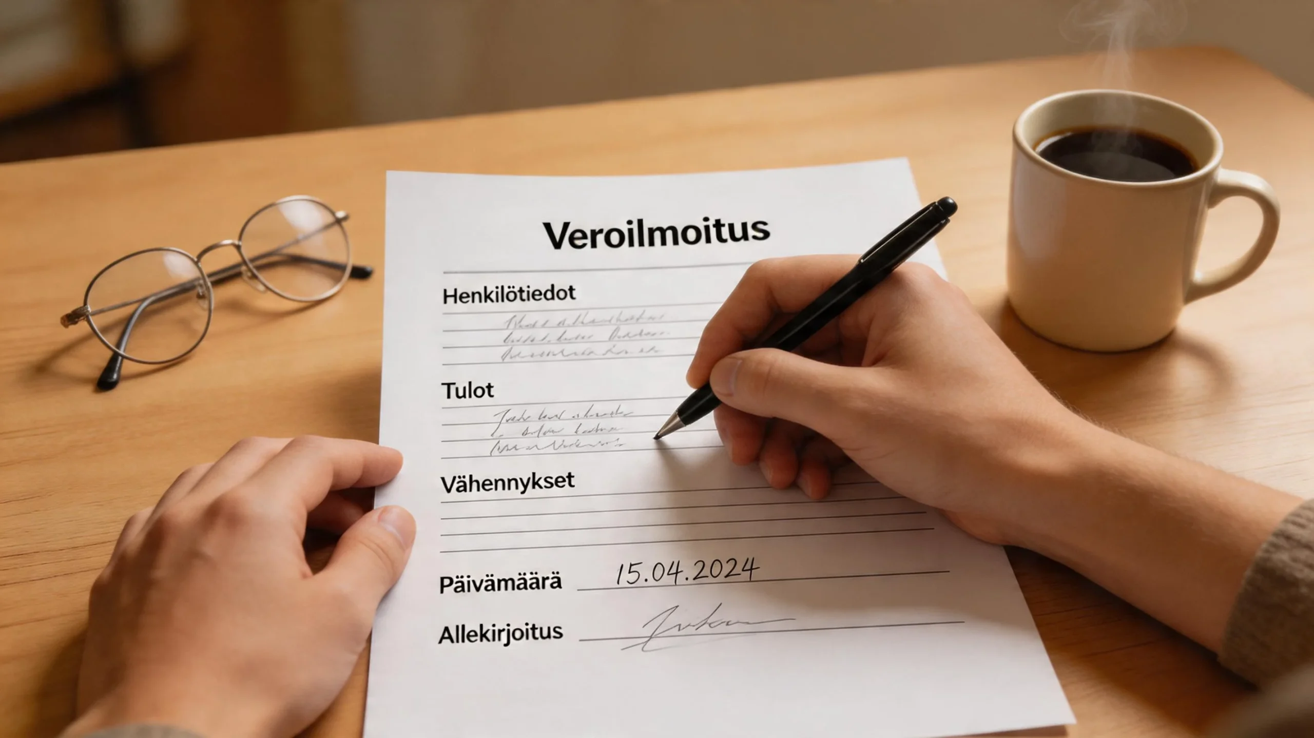 Suomalaisen veroilmoituslomakkeen täyttäminen pöydän ääressä