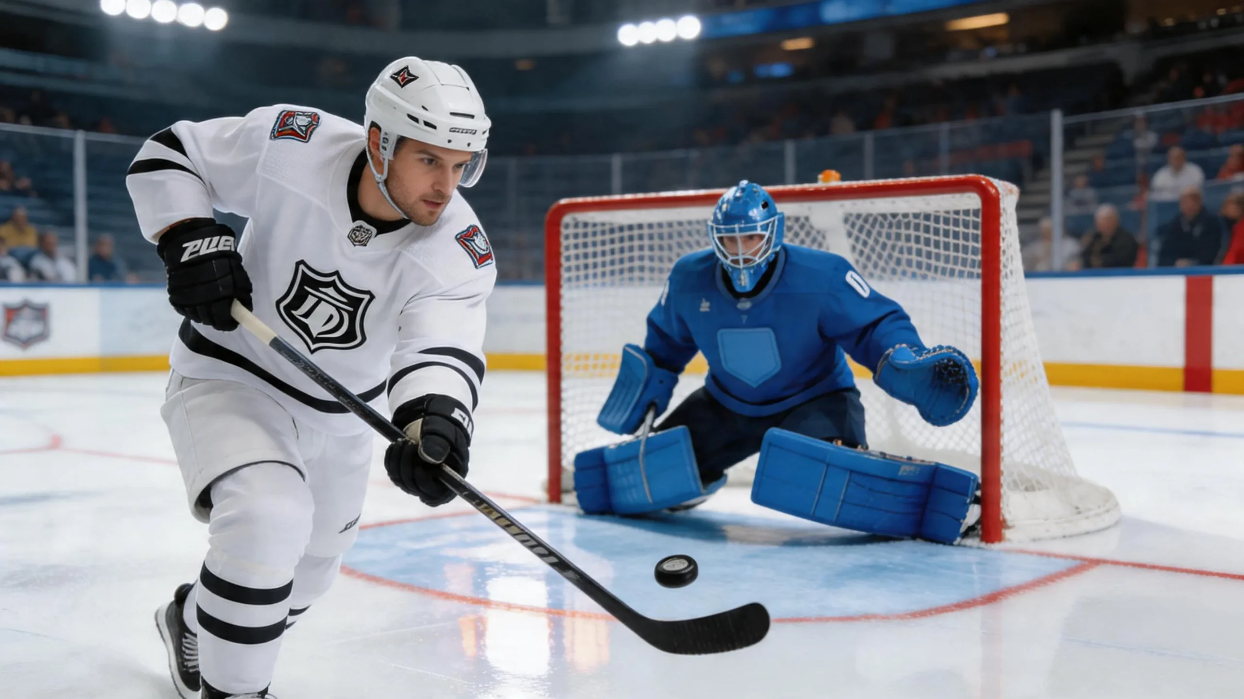 NHL-hyökkääjä ampuu kiekon maalivahtia kohti lähietäisyydeltä