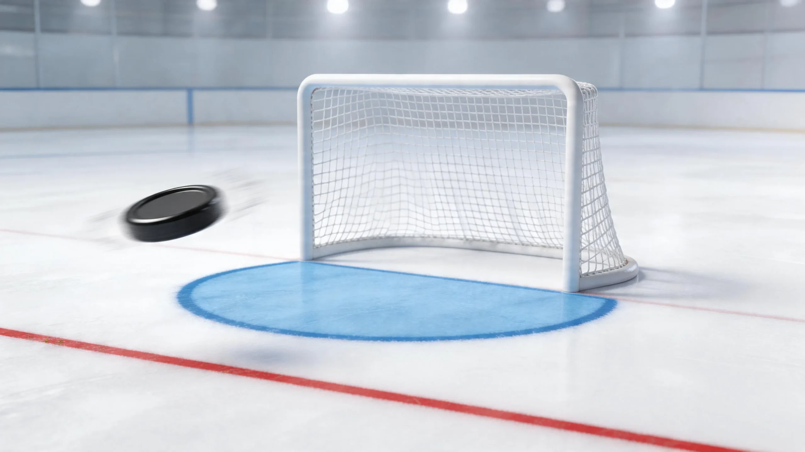 Jääkiekkokiekko lentämässä kohti maalia NHL-ottelussa