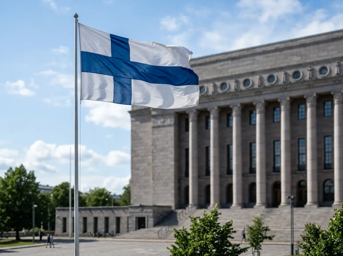 Suomen lippu liehumassa Helsingin eduskuntatalon edustalla
