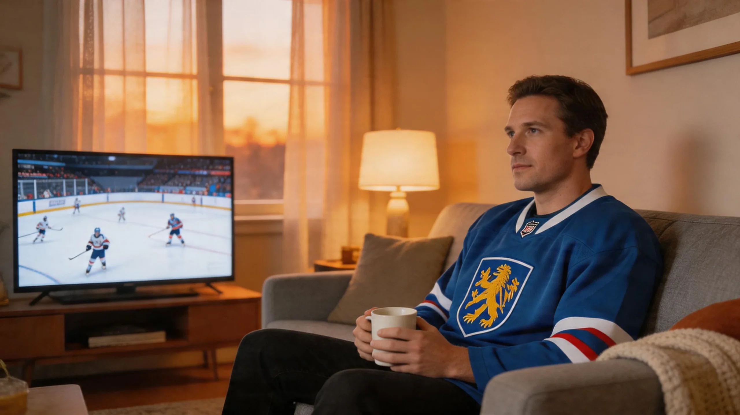 Jääkiekkofani katsoo NHL-peliä rauhallisesti kotona